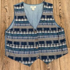 Vintage Cleo Women's Blue Patchwork Denim Vest with Decorative Buttons XL